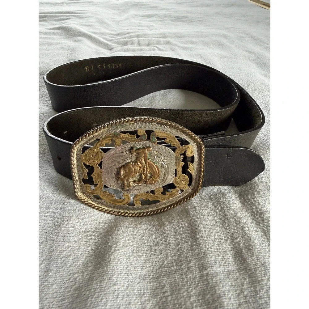 Alpaca Mexico Bronco Buckle Leather Belt Mens 42 Black Western Cowboy Rodeo